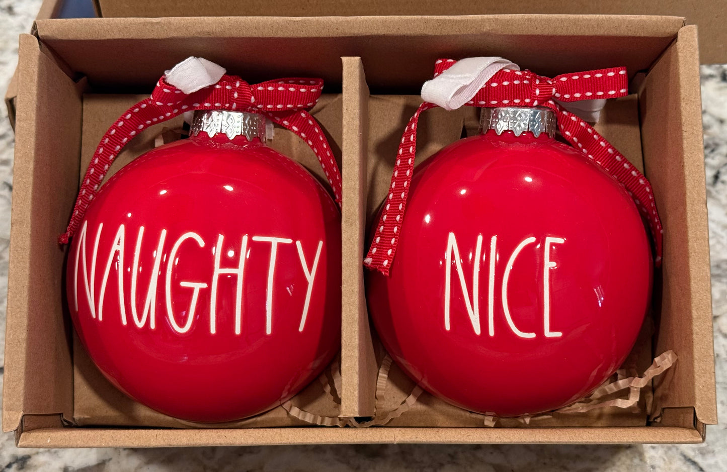 New in box Rae Dunn red ceramic Christmas ornament set NAUGHTY:NICE