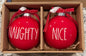 New in box Rae Dunn red ceramic Christmas ornament set NAUGHTY:NICE