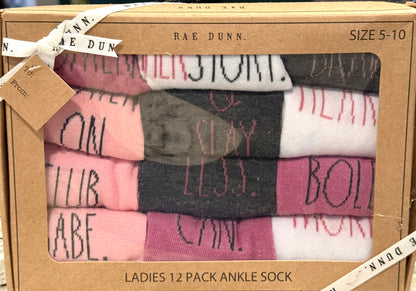 New Rae Dunn 12-pack girl power pink variety ankle socks