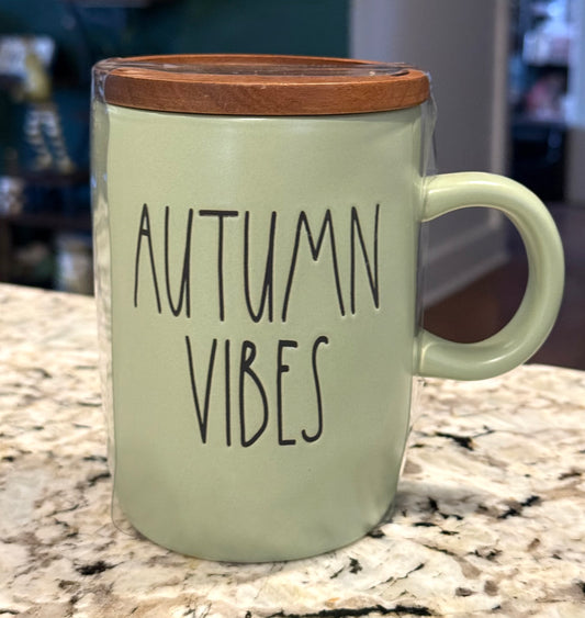 New Rae Dunn fall green ceramic coaster top coffee mug AUTUMN VIBES