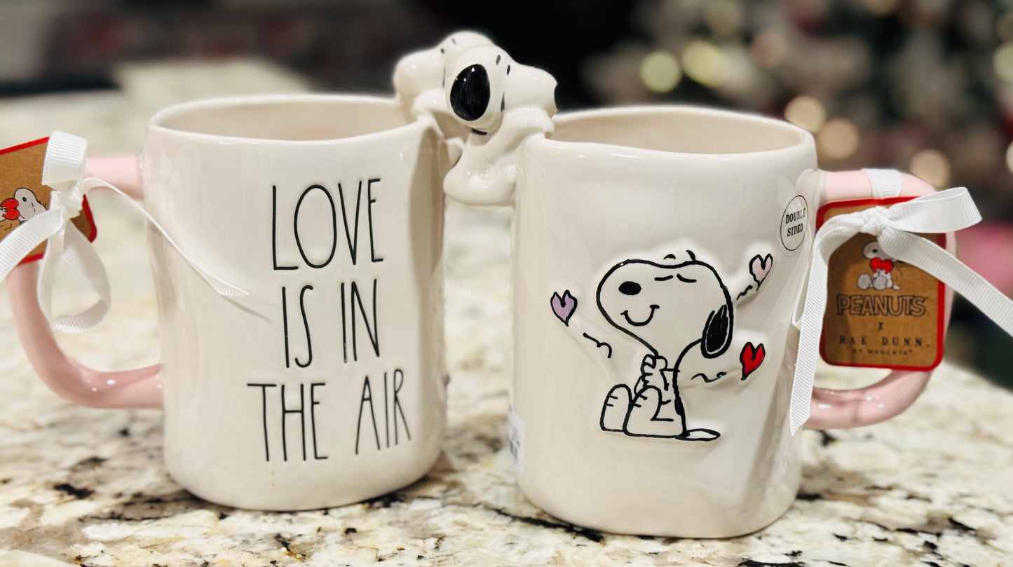 New Rae Dunn x Peanuts Snoopy coffee mug LOVE 💕 IS IN THE AIR