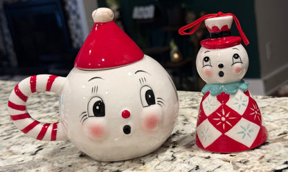 Joanna Parker ceramic Christmas decor snowman Holiday bell & cup set
