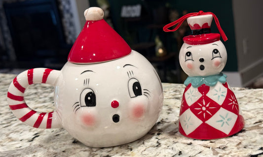 Joanna Parker ceramic Christmas decor snowman Holiday bell & cup set