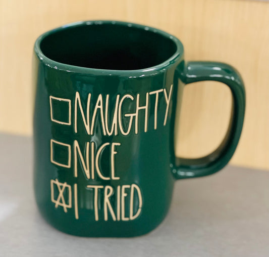 New Rae Dunn green ceramic Christmas coffee mug NAUGHTY NICE ✔️ I TRIED
