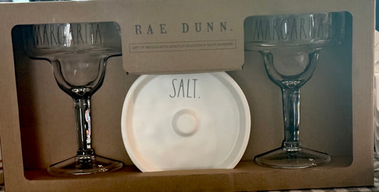 New Rae Dunn white / clear plastic & melamine MARGARITA / SALT 2-glass set with SALT rim
