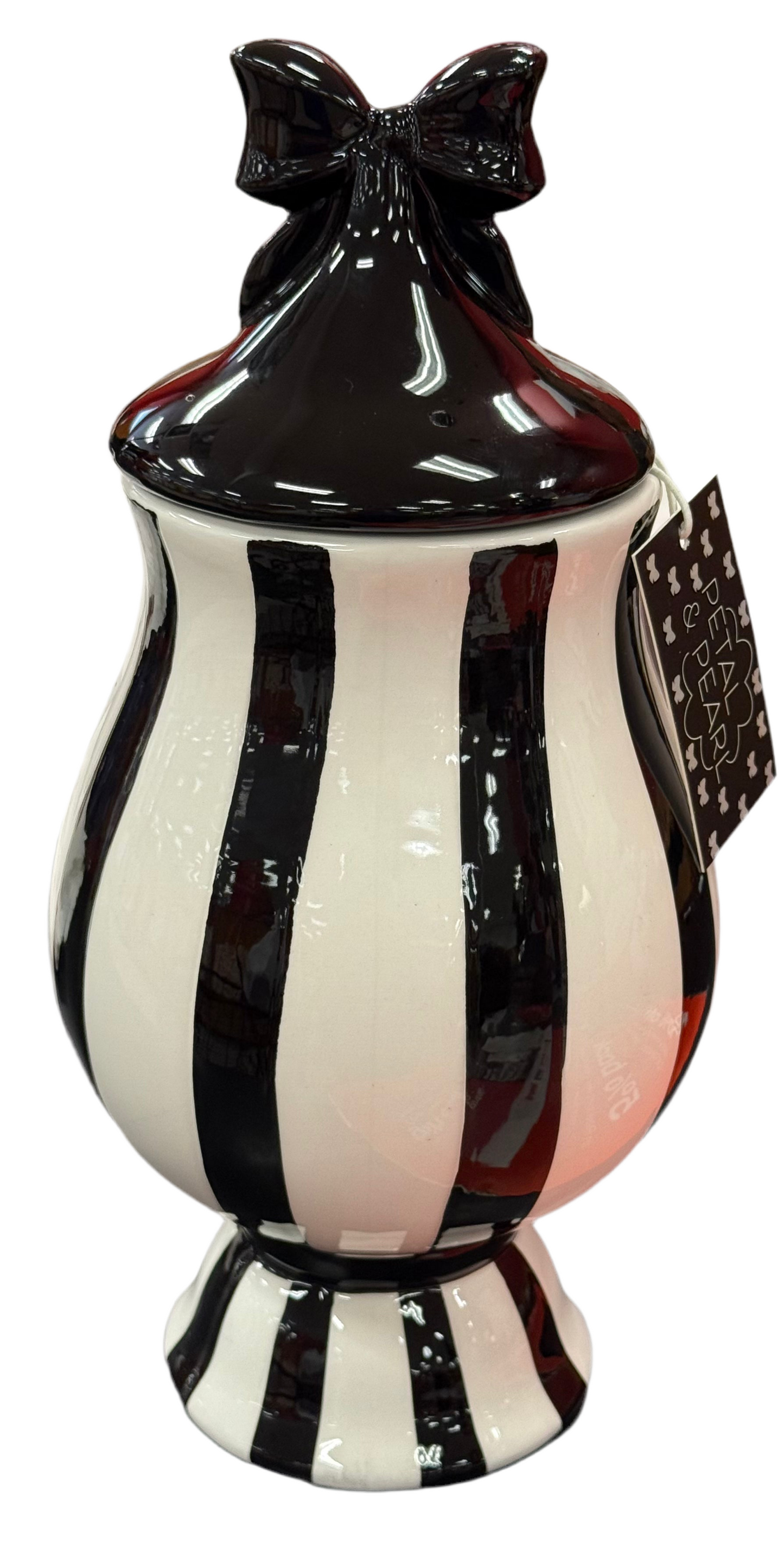 New black and white striped bow topped decorative canister 11” skinny