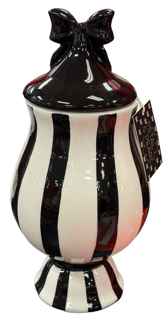 New black and white striped bow topped decorative canister 11” skinny