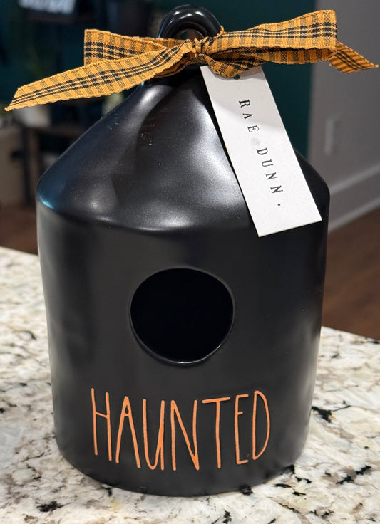 New Rae Dunn black round  ceramic Halloween decor birdhouse HAUNTED