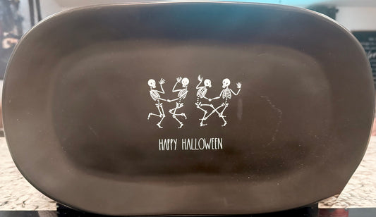 New Rae Dunn black ceramic 10x5 Halloween dancing mummies decor serving platter