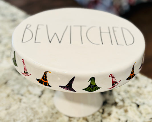 New Rae Dunn white Halloween ceramic cake stand BEWITCHED