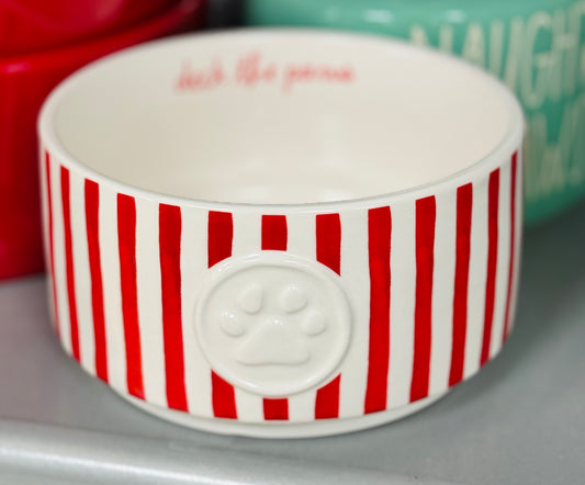 New Rae Dunn red & white striped ceramic 6” pet bowl DECK THE PAWS