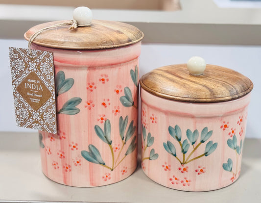 New pink floral heavy ceramic made in India 2-piece canister set