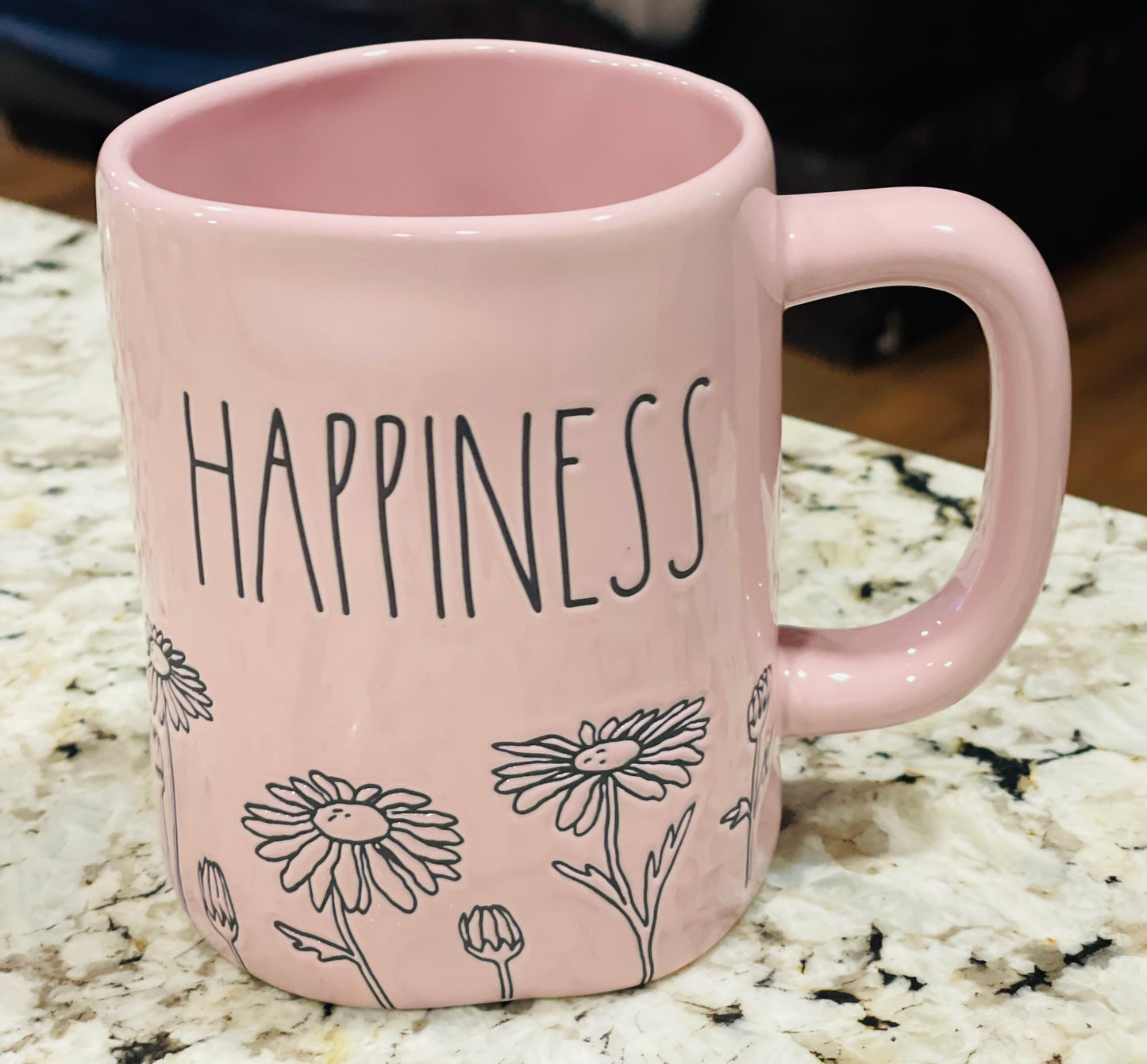 New Rae Dunn pink ceramic coffee mug HAPPINESS floral engraved