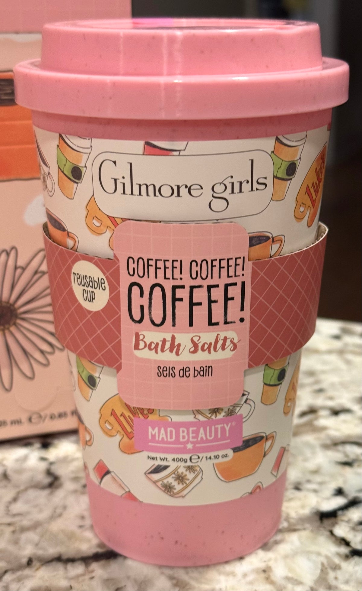 New Mad Beauty The Gilmore Girls pink travel coffee cup bath salts gift cup