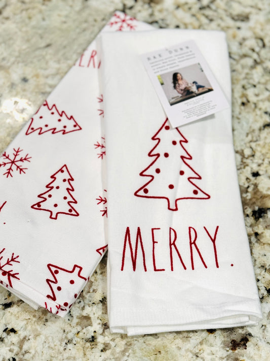 New Rae Dunn red & white Christmas tree 3-piece kitchen dish towel set MERRY