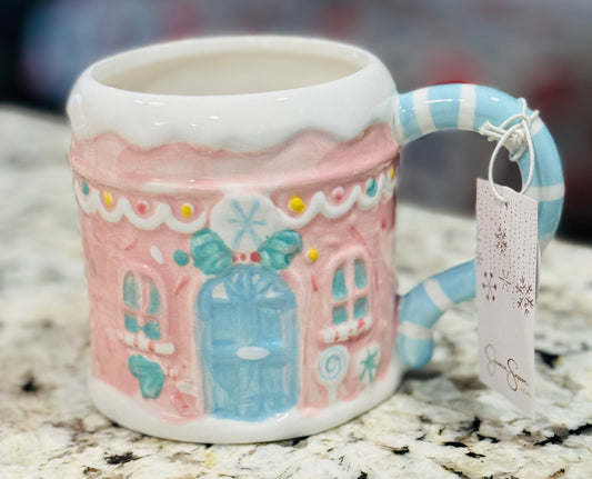 New hand painted pink ceramic Gingerbread house interior pastel mug