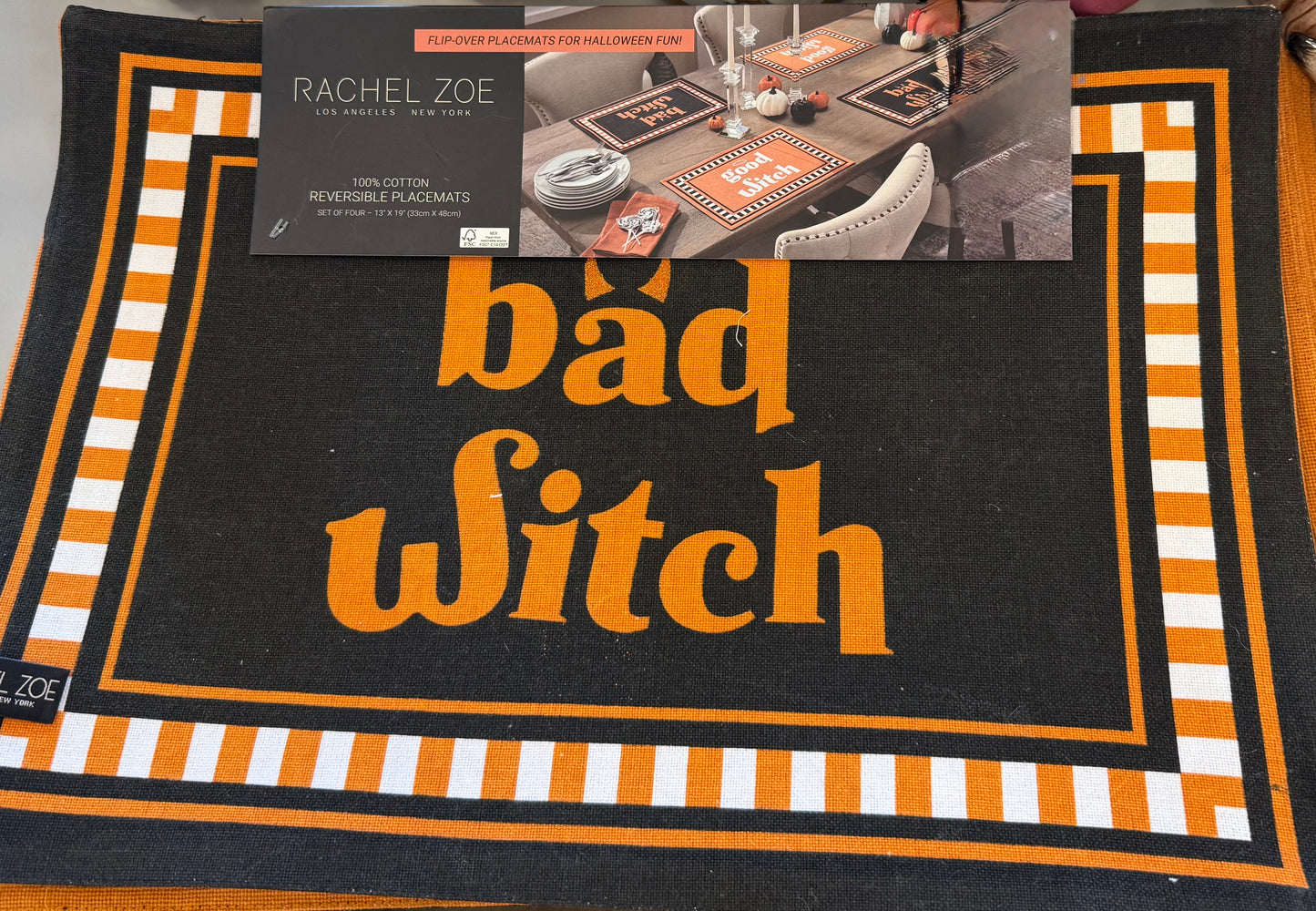 New Rachel Zoe 4-piece Halloween placemat set GOOD WITCH/BAD WITCH