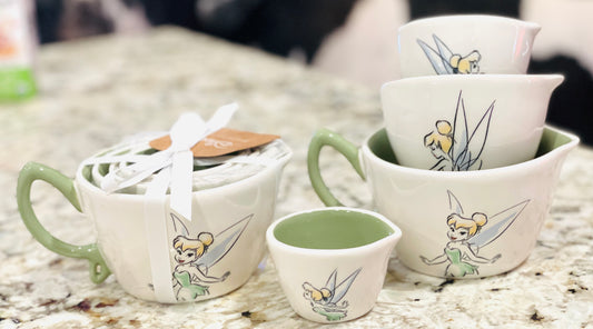 New Rae Dunn x Disney Peter Pan  white ceramic, green handles New Release Tinker Bell measuring cup set
