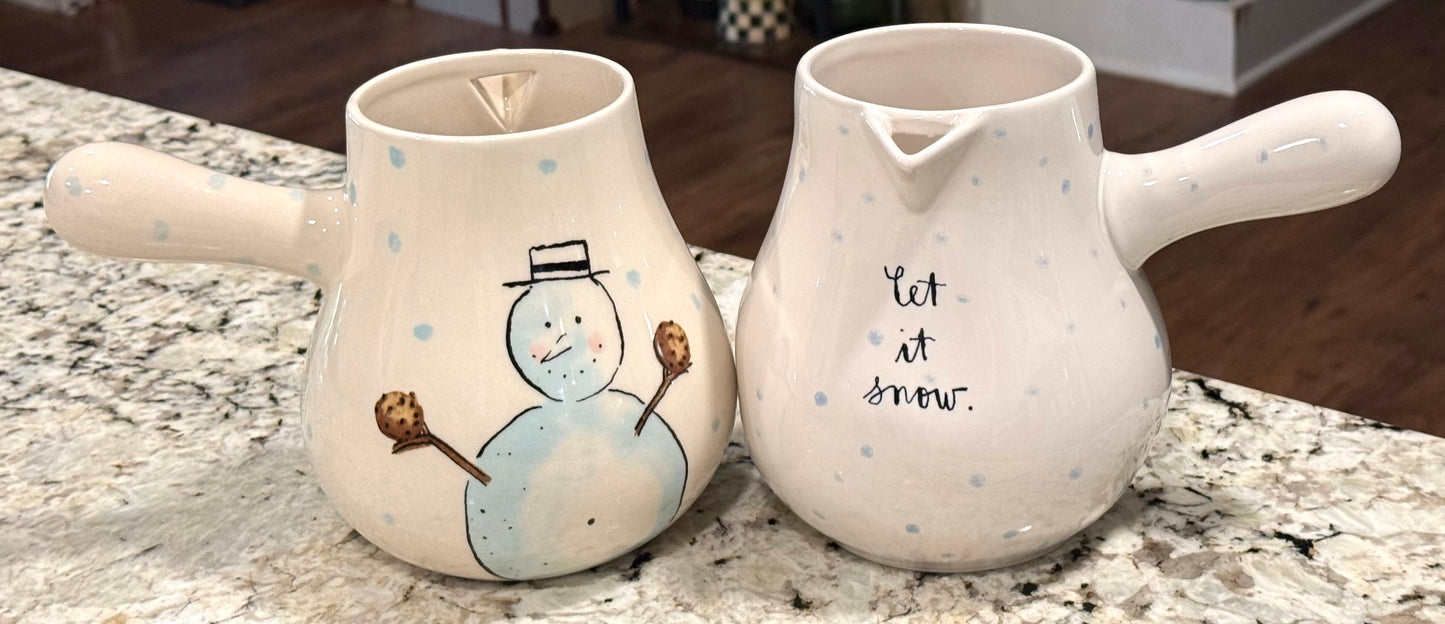 New Rae Dunn white ceramic Christmas snowman cocoa pot Believe LET IT SNOW