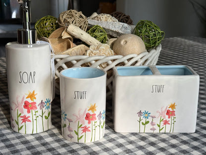 New Rae Dunn 3-piece ceramic floral bathroom accessories set SOAP, STUFF