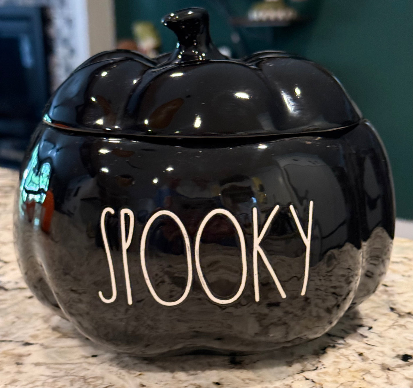 New Rae Dunn black iridescent ceramic Halloween decor SPOOKY pumpkin storage jar 7”