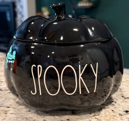 New Rae Dunn black iridescent ceramic Halloween decor SPOOKY pumpkin storage jar 7”