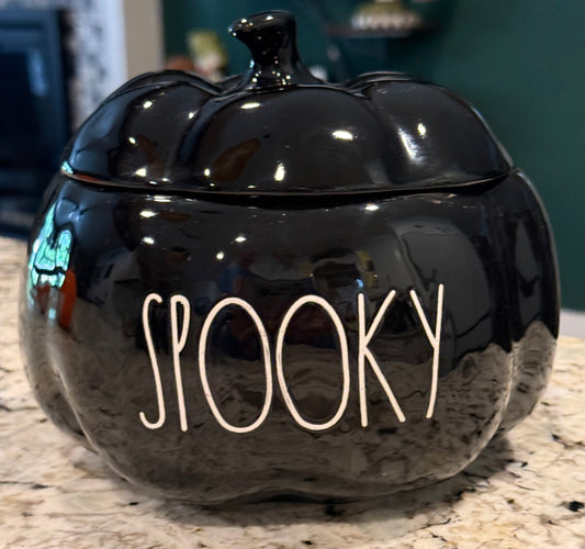 New Rae Dunn black iridescent ceramic Halloween decor SPOOKY pumpkin storage jar 7”