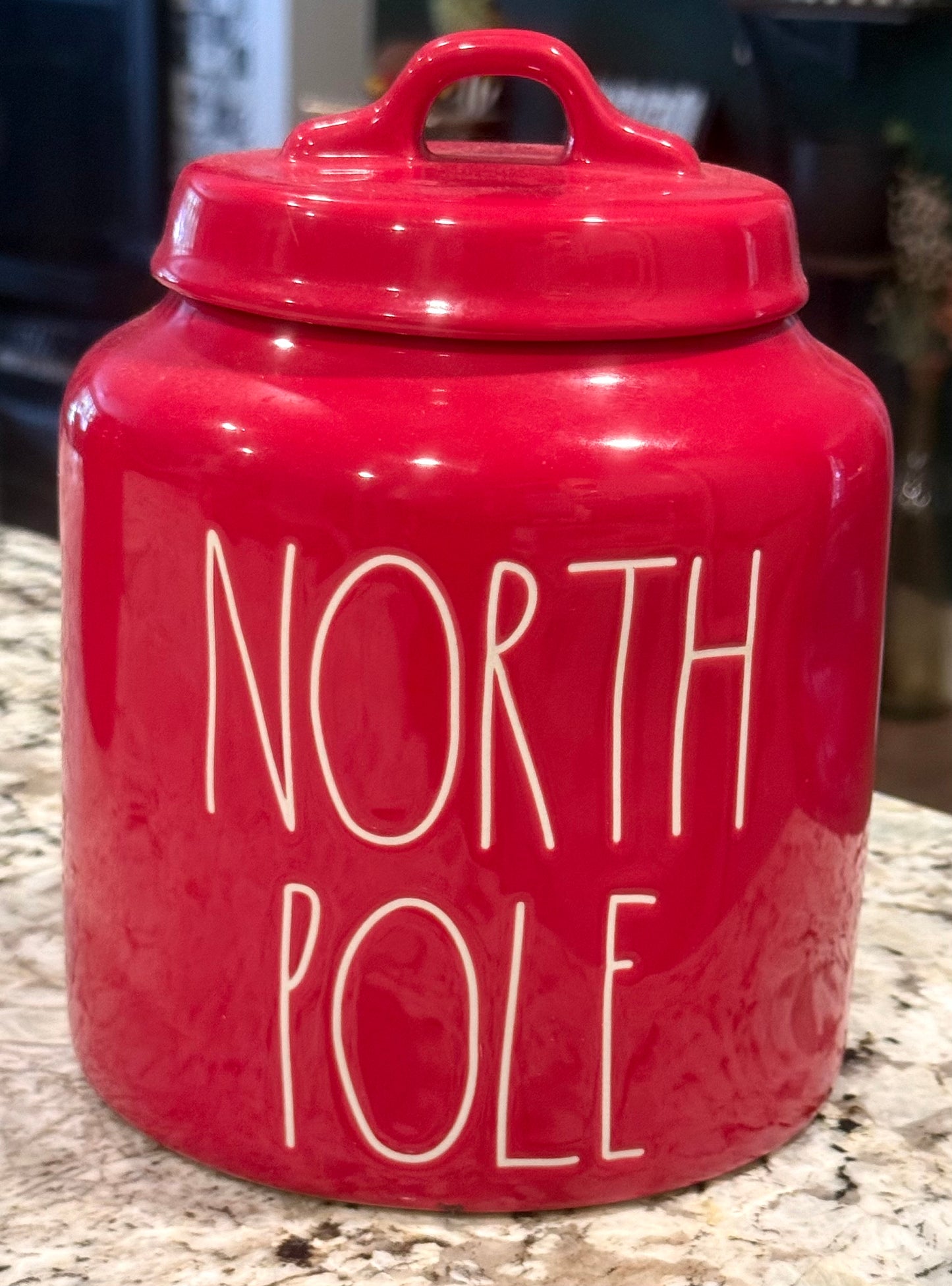 New Rae Dunn 8” red ceramic NORTH POLE Christmas cookie jar canister