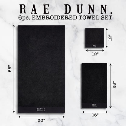 New Rae Dunn 6-piece black embroidered bathroom bath towel set BLESSED.