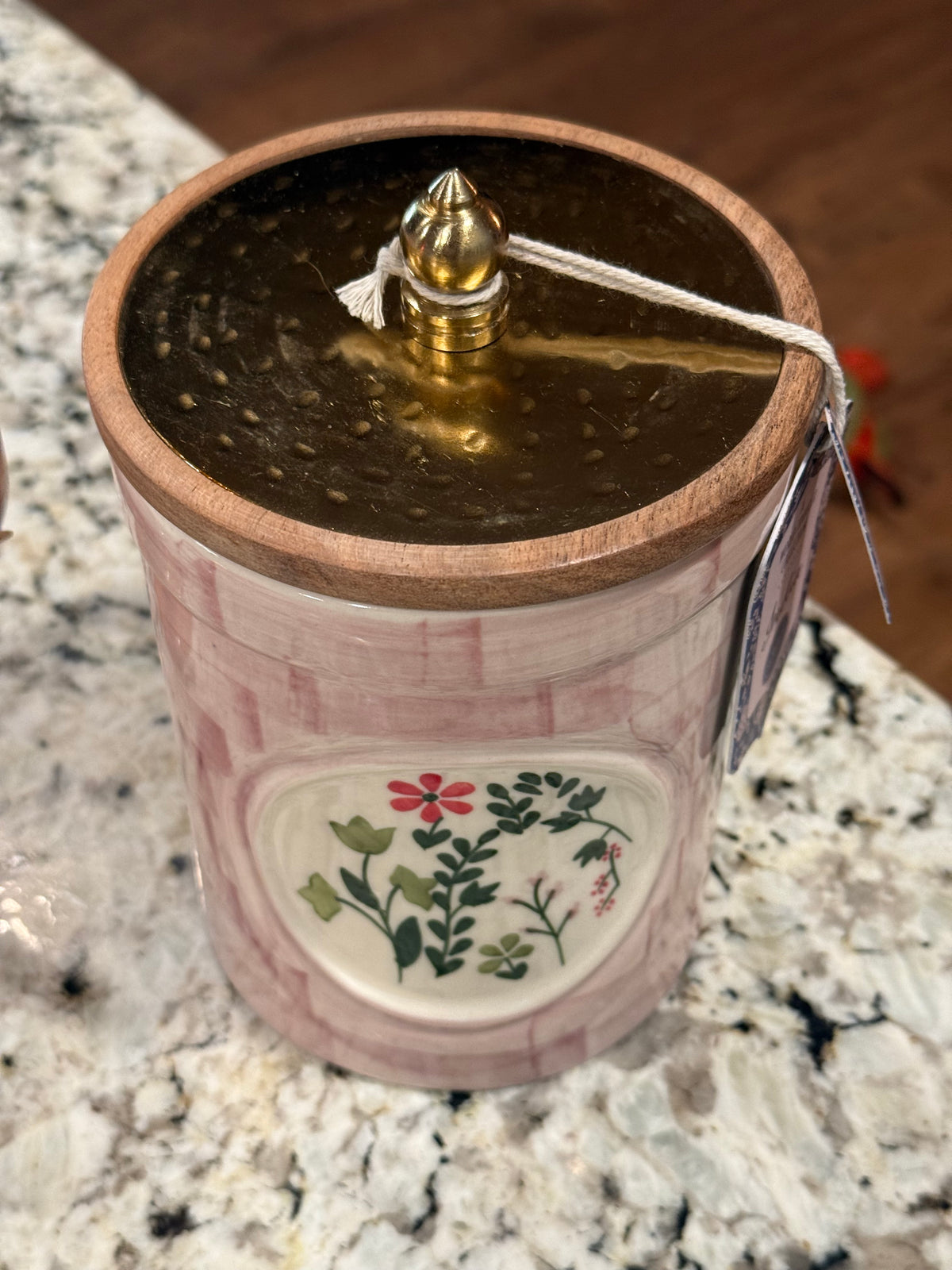 New Made in India lavender checked floral ceramic storage canister 8.25”