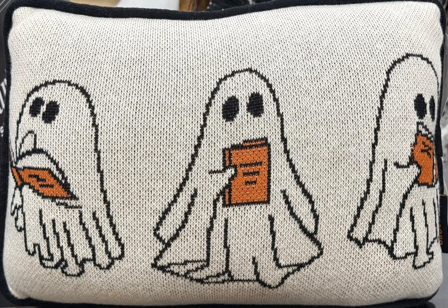 New knit ghost reading Halloween throw pillow 10x14