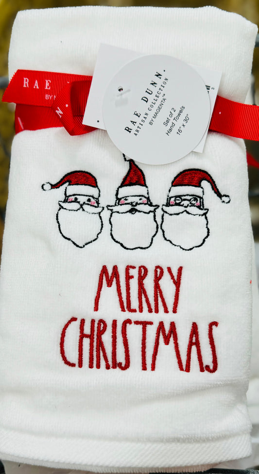 New Rae Dunn 2-piece bathroom hand towel set MERRY CHRISTMAS Santa’s