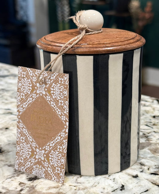 New striped 4” Made in India ceramic storage jar
