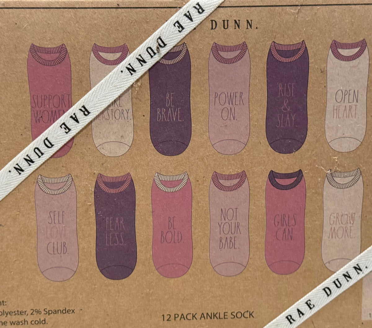 New Rae Dunn 12-pack girl power pink variety ankle socks