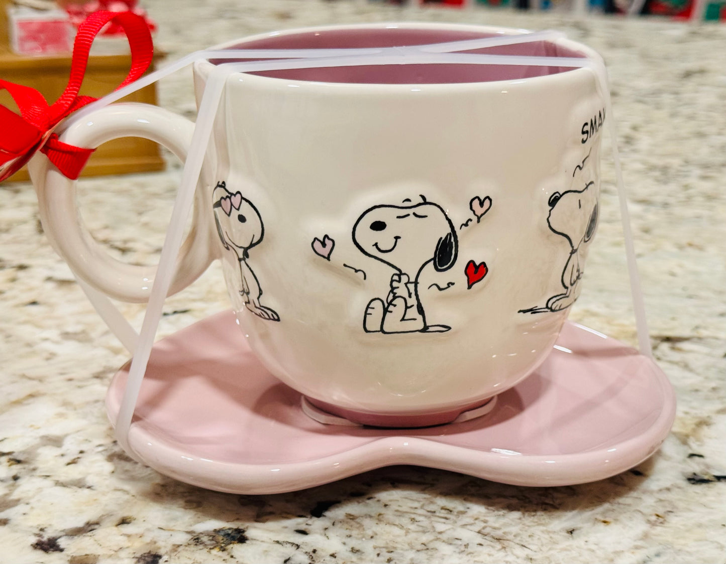 New Rae Dunn x Peanuts Snoopy ceramic heart shaped mug and saucer