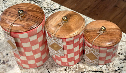 New Made in India ceramic 3-piece kitchen decor canister storage set. Pink check, hand painted design 9” 8.25” 5” sizes