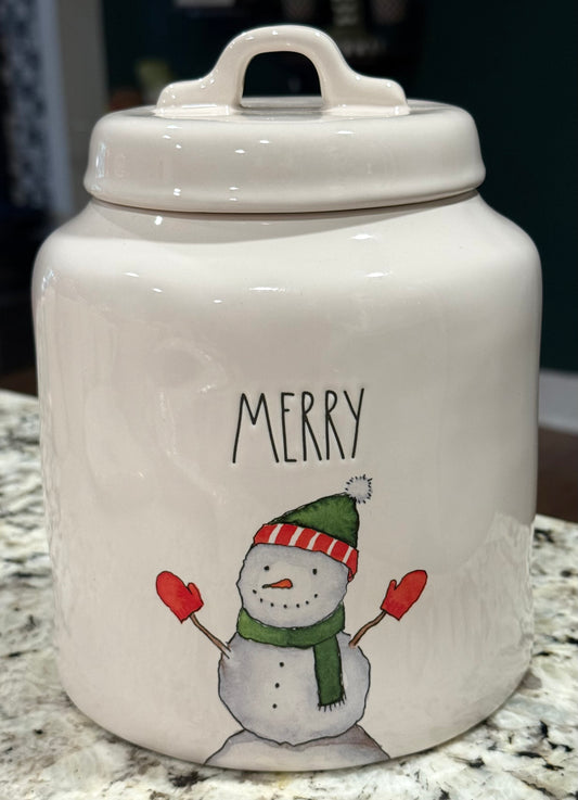 New Rae Dunn 8” white ceramic Christmas cookie jar canister MERRY