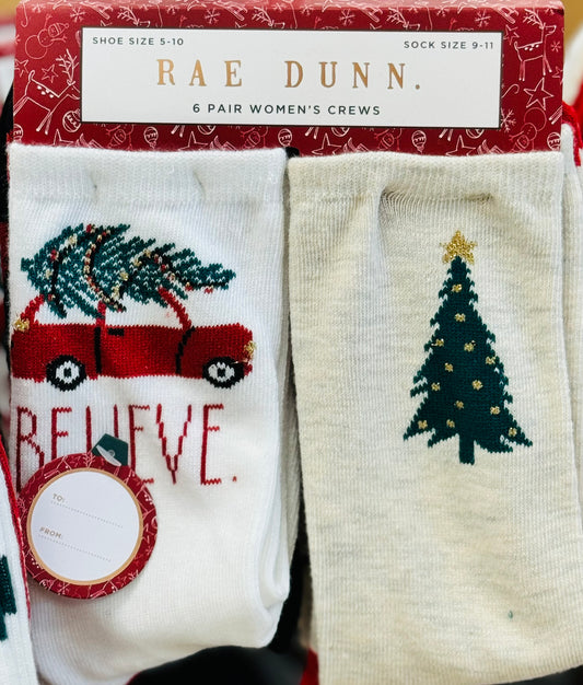 New Rae Dunn 6 pack Christmas crew knit sock set BELIEVE