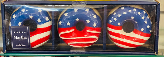 New Martha Stewart Americana decor USA Stars & Striped ceramic faux donut tray decor