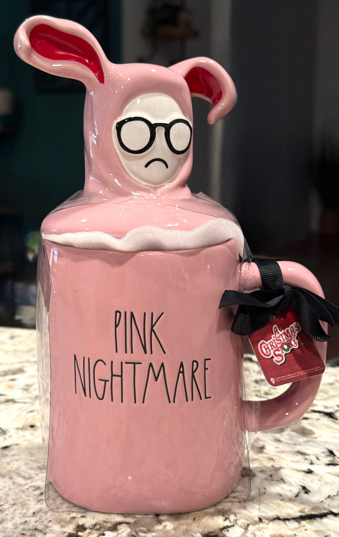 New Rae Dunn x A Christmas Story pink ceramic Ralphie topped bunny suit coffee mug PINK NIGHTMARE