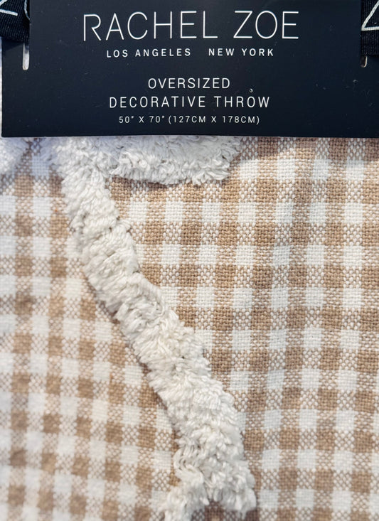 New Rachel Zoe plaid white coquette fringed throw blanket 50x70