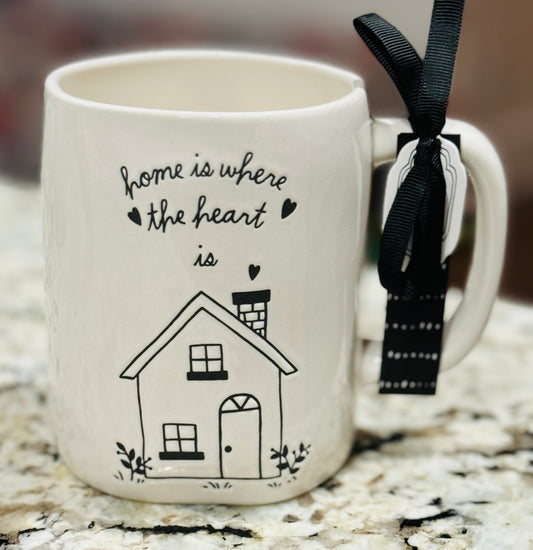 New Rae Dunn white ceramic coffee mug HOME IS WHERE THE HEART IS