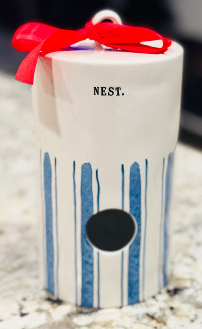 Rae Dunn ceramic blue striped NEST birdhouse decor