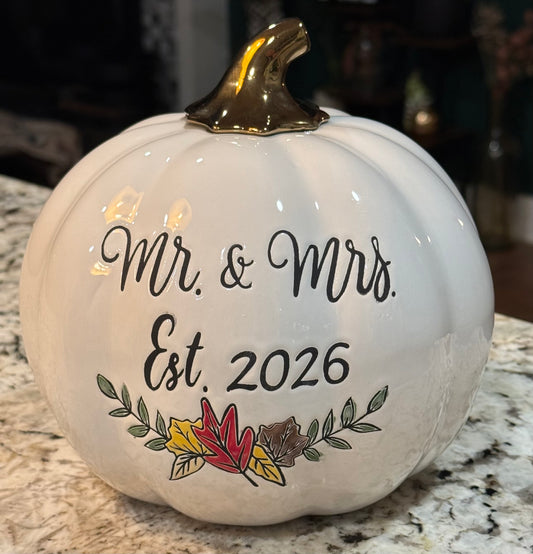New white ceramic 8” fall pumpkin decor MR. & MRS. EST. 2026