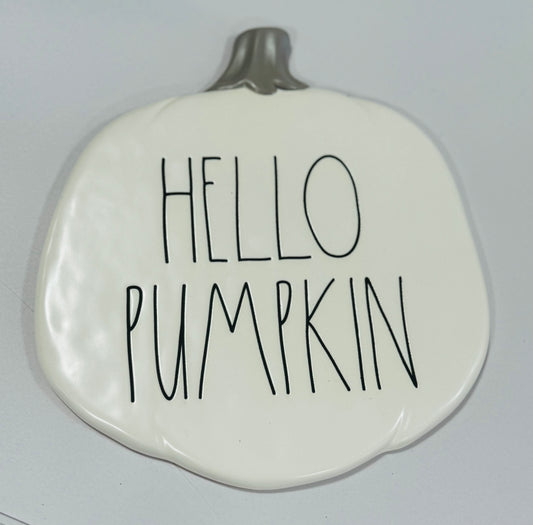 New Rae Dunn white ceramic pumpkin shaped hot plate holder HELLO PUMPKIN fall decor