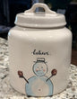 New Rae Dunn white ceramic Christmas snowman canister 8” decor BELIEVE