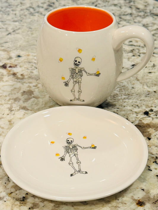 New Rae Dunn white Halloween skeleton dancing mug & plate set