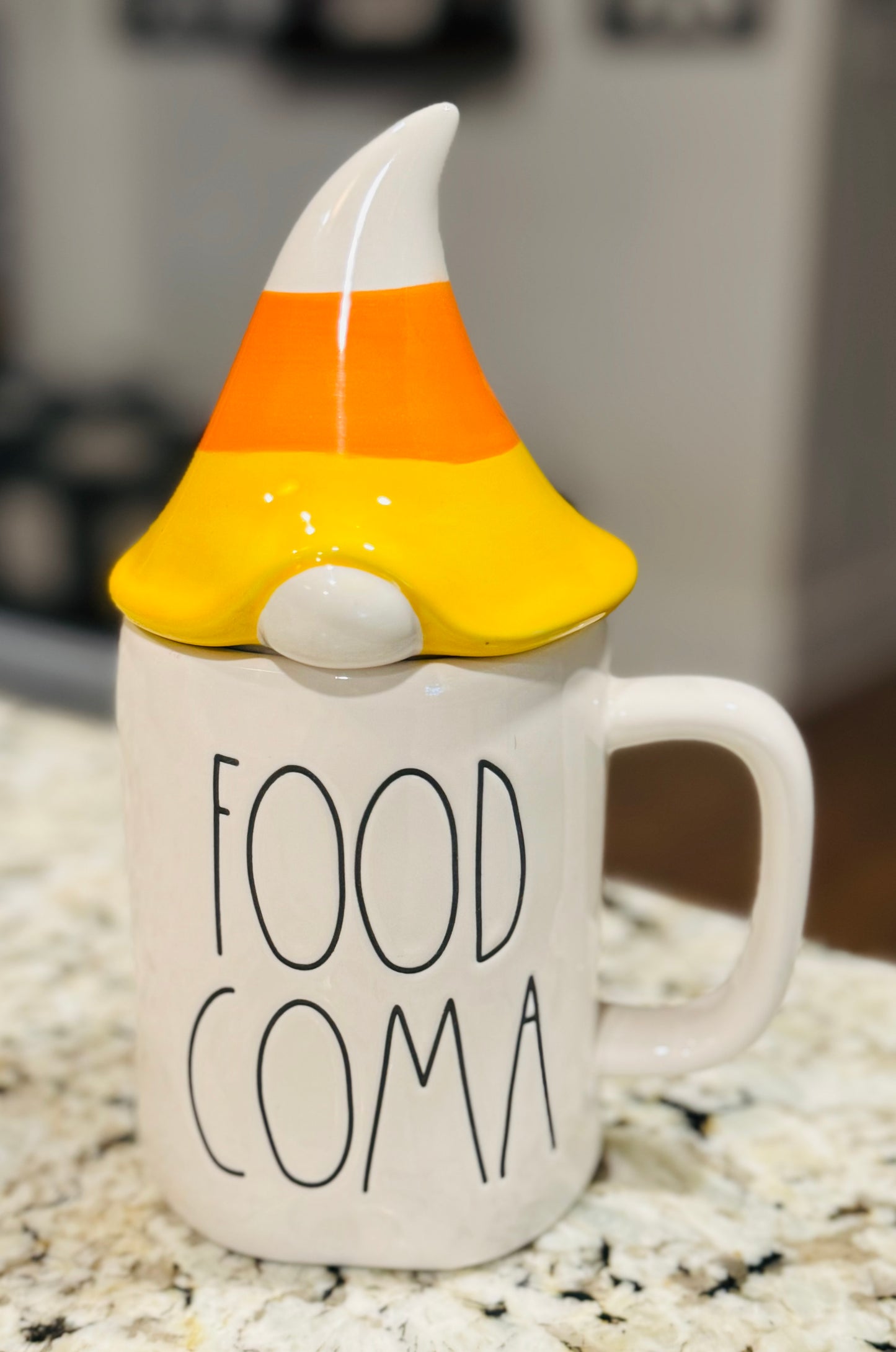 New Rae Dunn ceramic fall coffee mug FOOD COMA candy corn topper