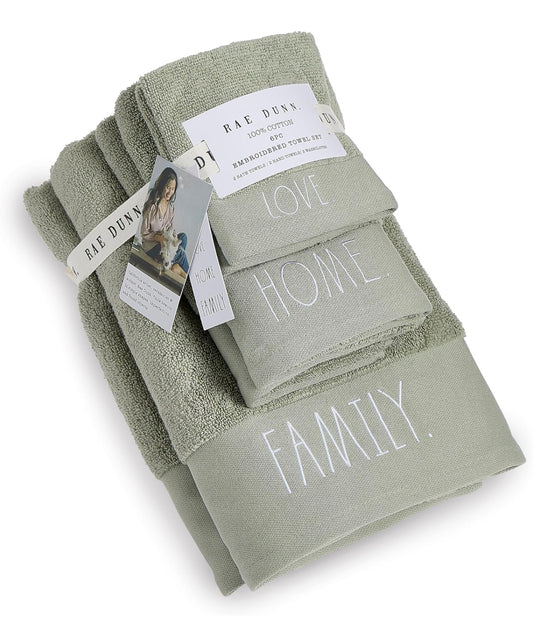 New Rae Dunn 6-piece Sage green bathroom embroidered towel set FAMILY.