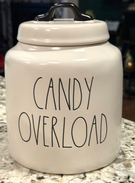 New Rae Dunn white ceramic Halloween decor canister 8” CANDY OVERLOAD